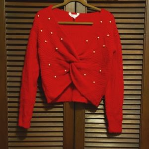 No Boundaries Brilliant Red Twist Faux Pearl Sweater